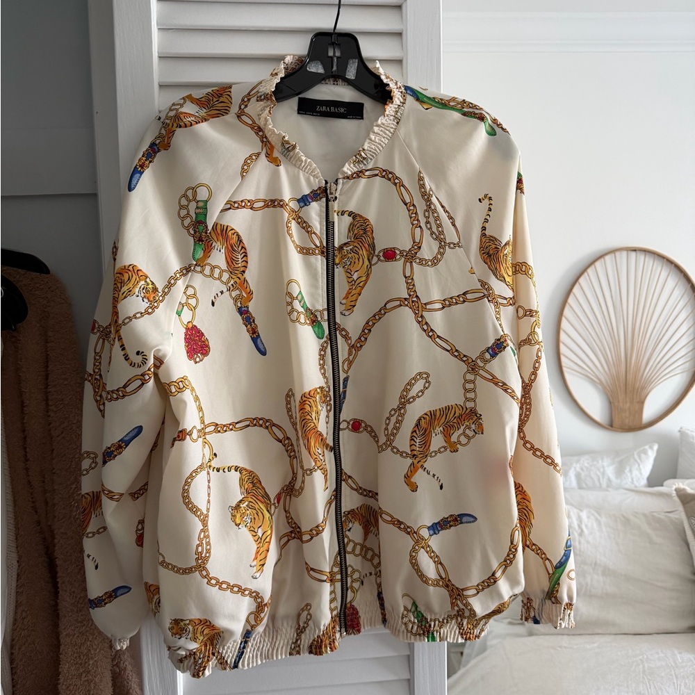Zara Cream Bomber Jacket with Tiger and Chain Design